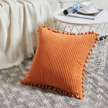 Pack of 2 Corduroy Fall Decorative Throw Pillow Covers with Pom-Poms, Solid Square Cushion Case Pillow Cases Set for Couch Sofa Bedroom Car Living Room (18X18 Inch/45X45 Cm, Orange)