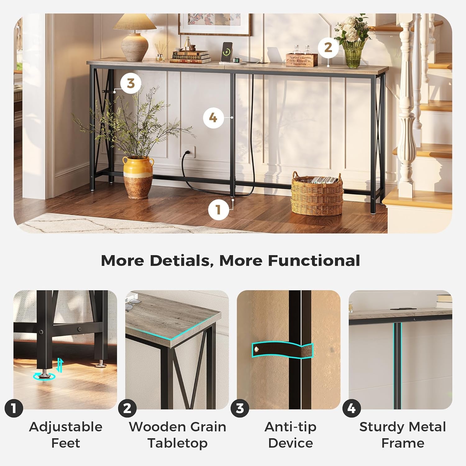 70-Inch Console Table with Integrated Outlets and USB-C Port, Extra Long X-Shaped Design for Entryway and Living Room, Metal Frame with Wooden Top in Grey Oak