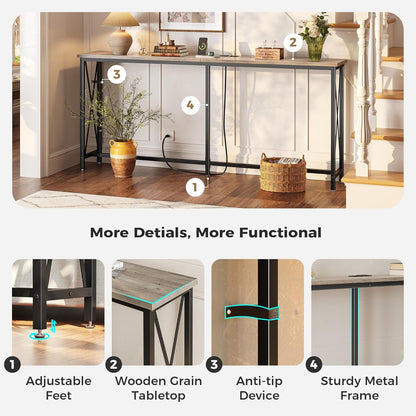 70-Inch Console Table with Integrated Outlets and USB-C Port, Extra Long X-Shaped Design for Entryway and Living Room, Metal Frame with Wooden Top in Grey Oak