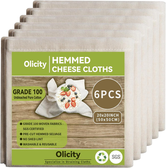 Cheese Cloths, 6PCS, Grade 100,20X20Inch Hemmed Cheese Cloth Fabric Reusable Fine Mesh Cloth, 100% Cotton Unbleached Precut Muslin Cheesecloth for Straining, Cooking, Yogurt, Juicing