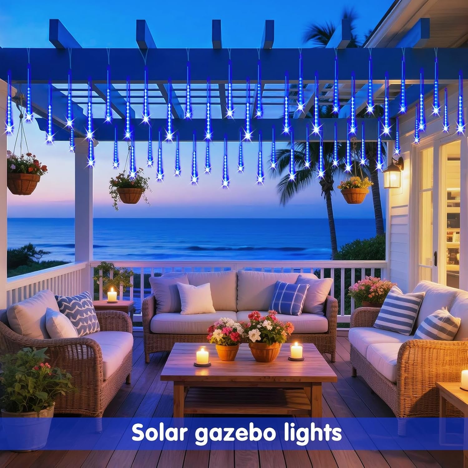 Solar Christmas Lights Outdoor, 8 Tube 144 Leds Solar Meteor Shower Lights Outdoor, Hanging Christmas Light for Gazebo Tree Icicle Garden Yard Party Patio Xmas Decor (Blue)
