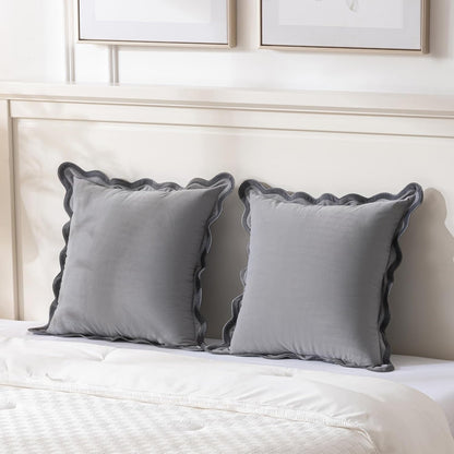Set of 2 Grey Decorative Throw Pillow Covers 18X18 Inch with Scallop Edging for Couch Bed Sofa Indoors, Aesthetic Modern Farmhouse Home Decor, Soft Velvet Accent Gray Pillow Case 45X45 Cm