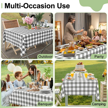 Gingham Disposable Tablecloths - 3 Pack, 54 x 108 Inch Waterproof Plastic Rectangle Covers in Grey and White Checkered Design for Picnics, Birthdays, and Parties
