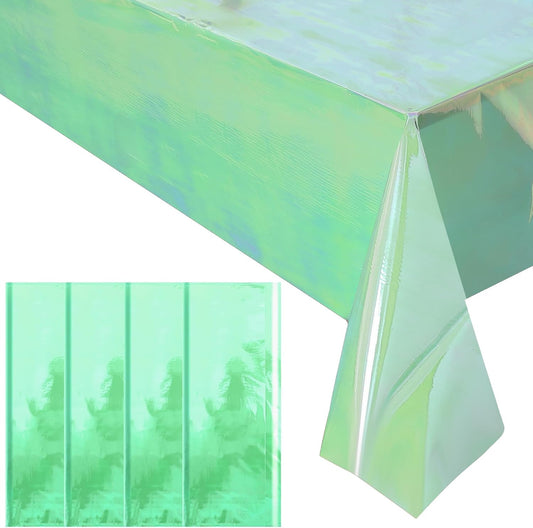 Set of 4 Green Iridescent Disposable Tablecloths - 40 x 108 inches Shiny Laser Table Covers - Holographic Plastic Table Linens for Weddings, Parties, and Banquets