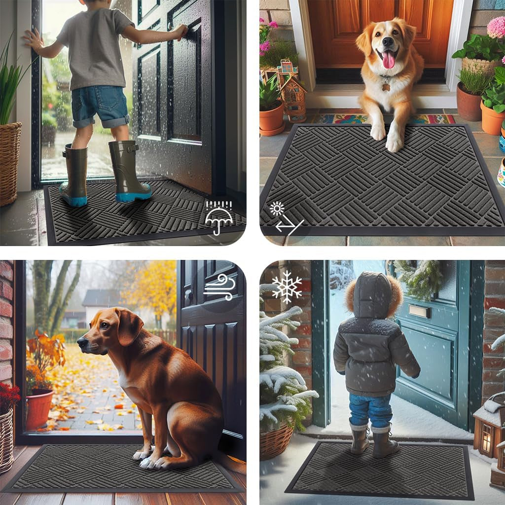 Front Door Mat outside Entrance, Heavy Duty Sturdy Natural Rubber Doormat, 29.5X17 Inch, Grey and Black, 2 Item Bundle