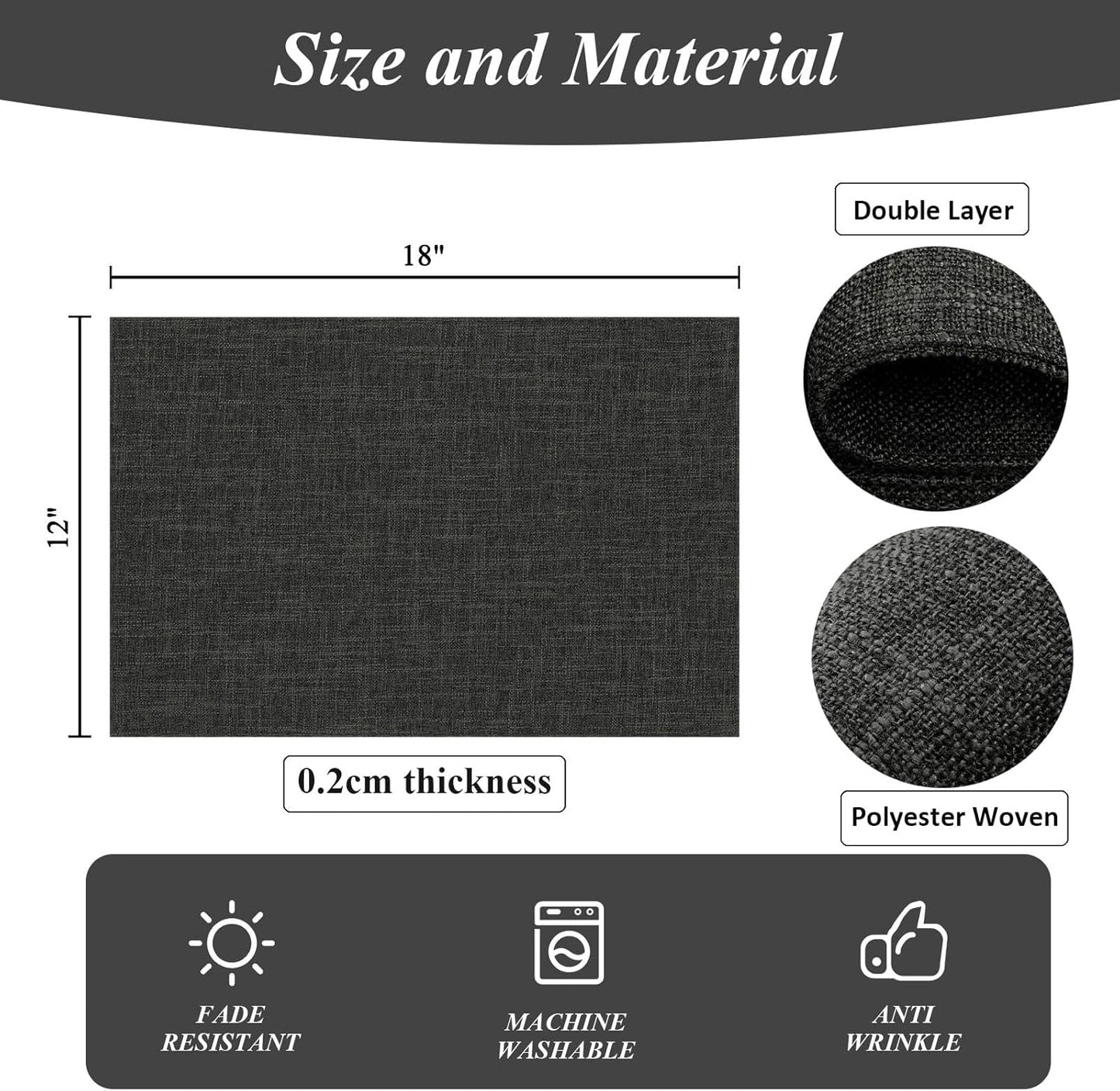 Washable Cloth Placemats Set of 4 Cotton Linen Double Layer Thickened Machine Washable Table Mats Non Slip Heat Resistant Fabric Place Mats for Dining Table, Black