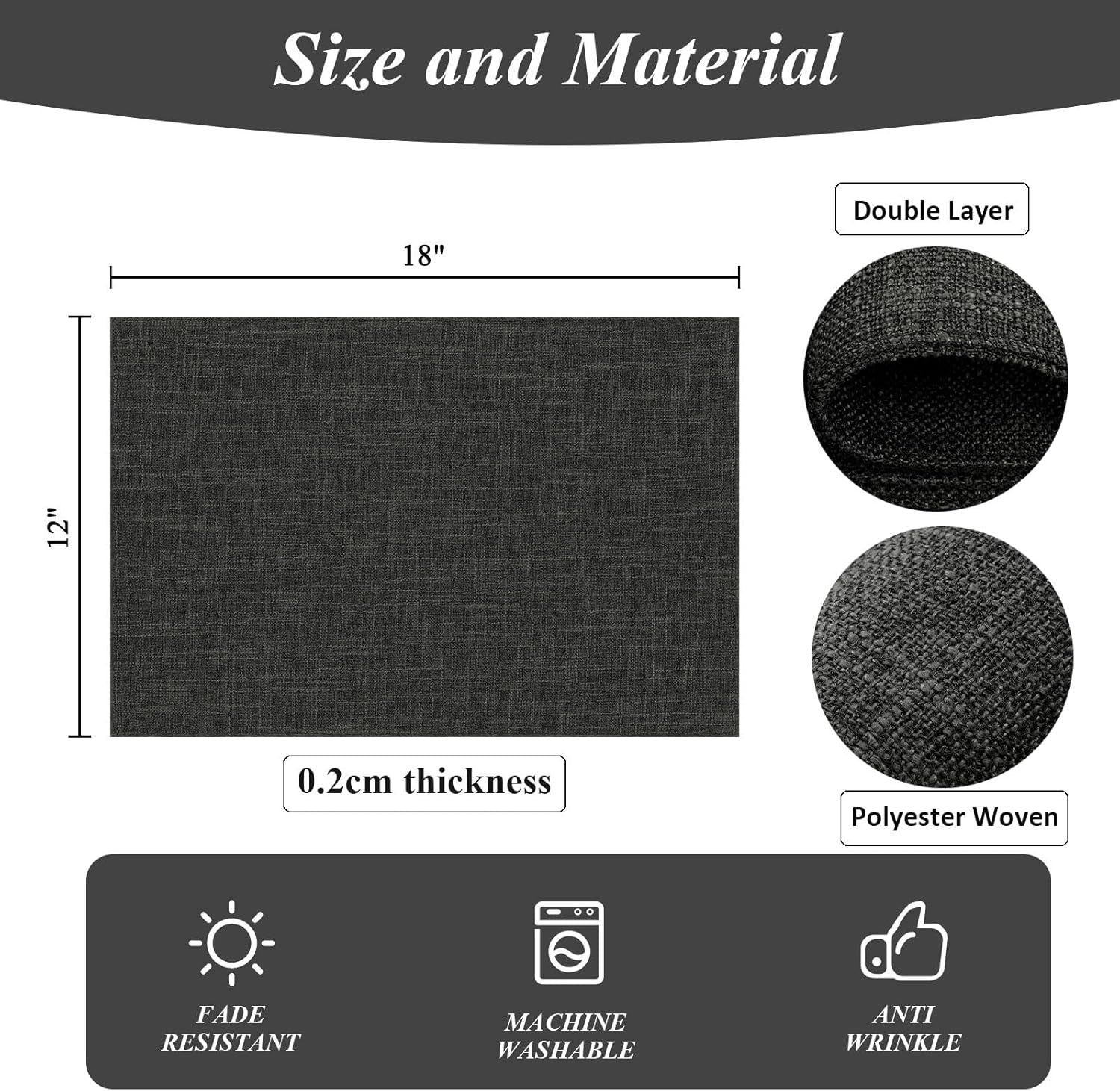 Washable Cloth Placemats Set of 4 Cotton Linen Double Layer Thickened Machine Washable Table Mats Non Slip Heat Resistant Fabric Place Mats for Dining Table, Black