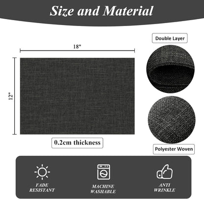 Washable Cloth Placemats Set of 4 Cotton Linen Double Layer Thickened Machine Washable Table Mats Non Slip Heat Resistant Fabric Place Mats for Dining Table, Black
