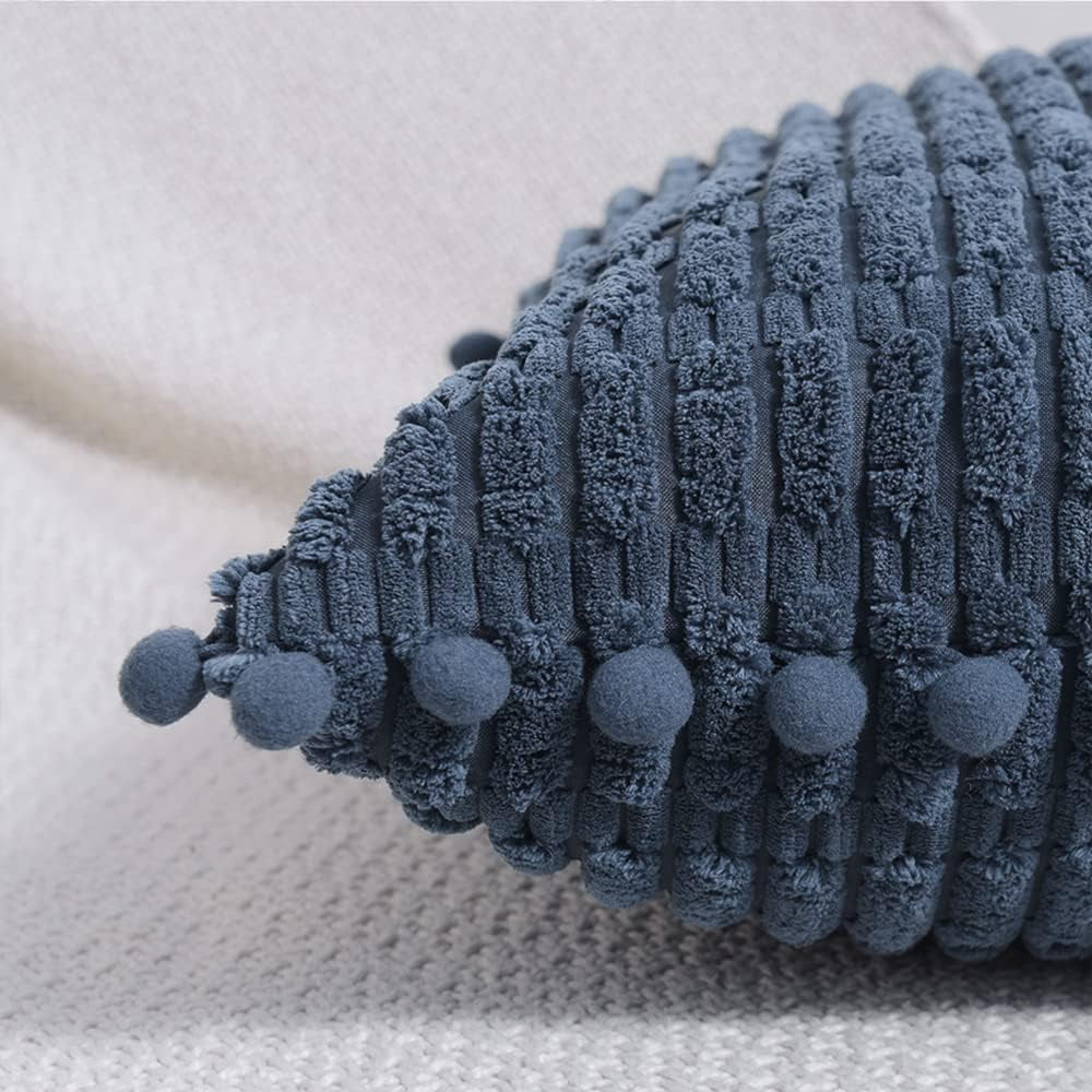 2 Packs Dusty Blue Decorative Throw Pillow Covers 12X20 Inch with Pom-Poms for Couch Bed Living Room, Farmhouse Boho Home Decor, Soft Corduroy Cute Lumbar Cushion Case 30X50 Cm