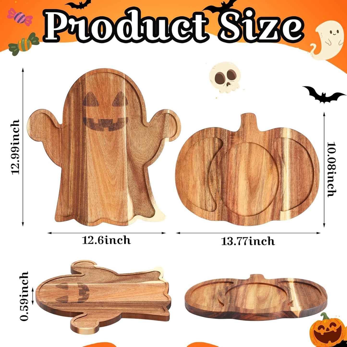 Set of 2 Halloween-Themed Acacia Wood Charcuterie Boards - Pumpkin and Ghost Shaped Cutting Boards with Handles for Serving Cheese, Vegetables, and Salads