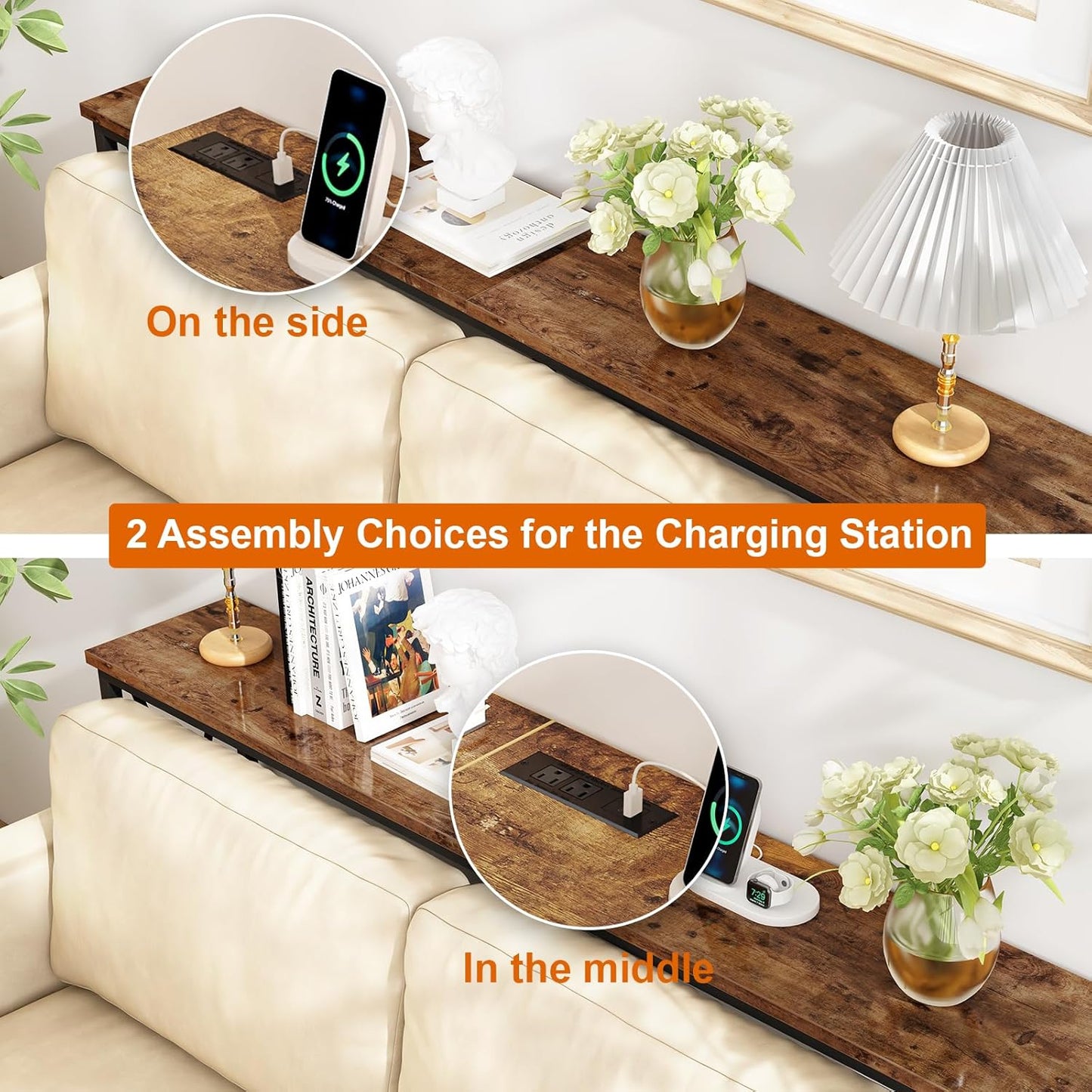 70-Inch Console Table with Power Outlets and USB-C Port, Extra Long Sofa Table with X-Shaped Design, Slim Profile for Entryway and Living Room, Metal Frame and Rustic Brown Wooden Top