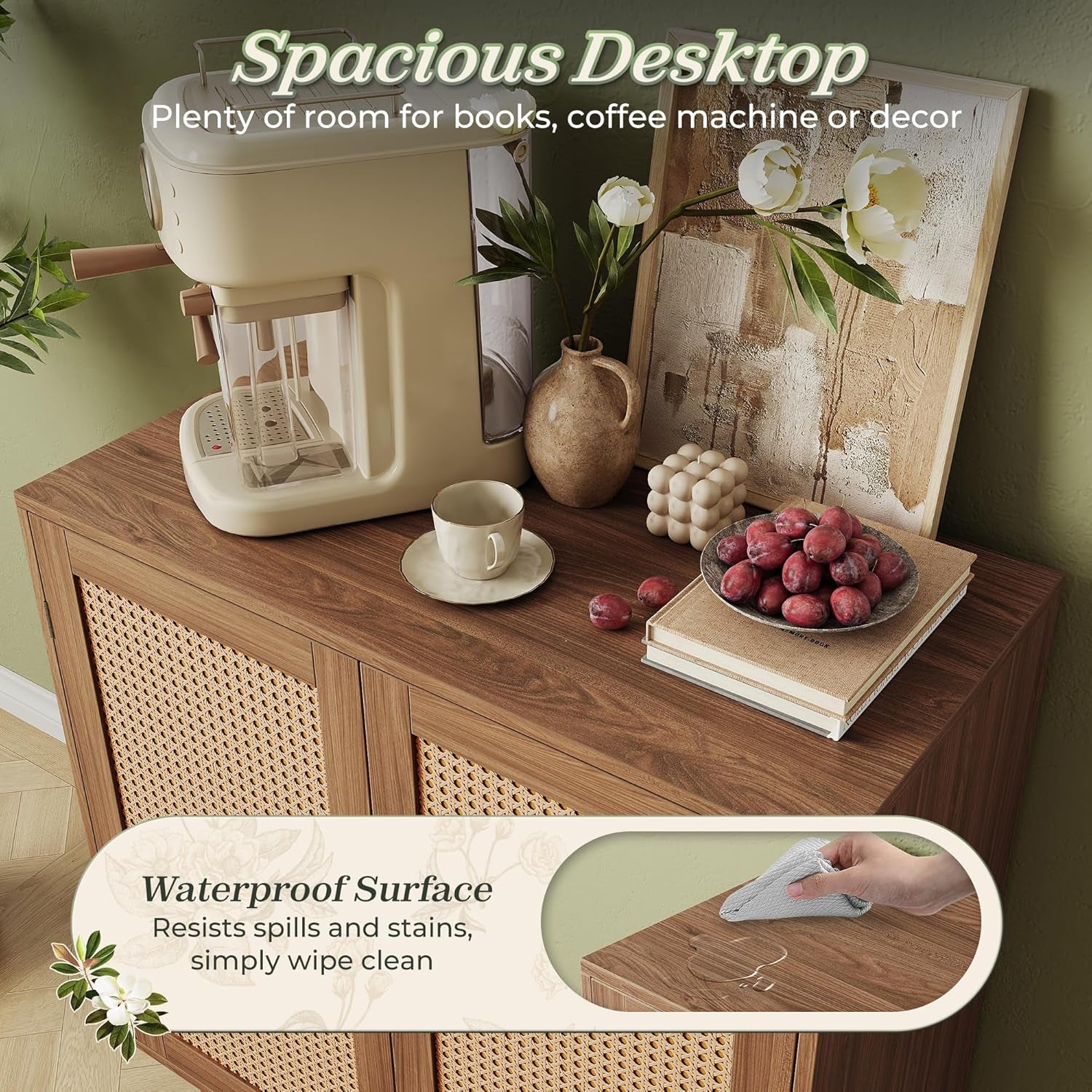 Walnut Buffet Cabinet with Synthetic Rattan Door Accents and Solid Wood Legs for Hallway, Entryway, and Living Room Storage