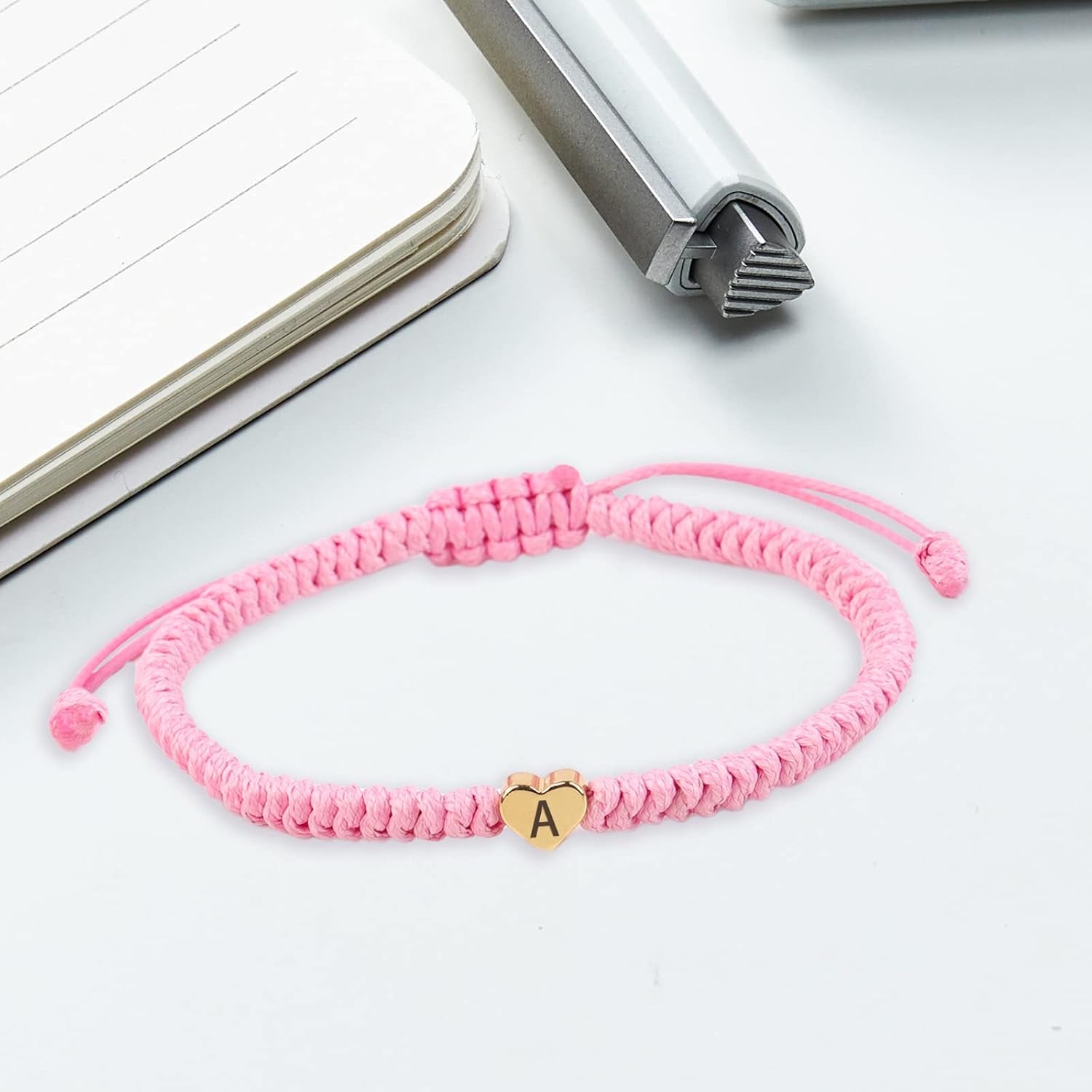 Pink Weave Rope Letter Bracelet for Women, Initial Bracelet Heart Charm 26 Letters A-Z Alphabet Handmade Adjustable Jewelry for Couple Teenage Girls Sister Valentines Day Mother'S Day (Pink-E)