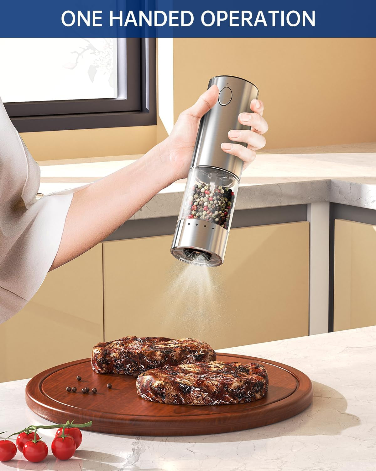 Stainless Steel Electric Pepper Grinder, Rechargeable Pepper Mills with LED Light, 6-Level External Adjustable Coarseness for Easy Use