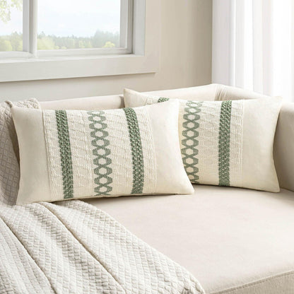 Set of 2 Sage Green Boho Decorative Lumbar Pillow Covers 12X20 Inch Farmhouse Rustic Couch Throw Pillows Modern Summer Cushion Covers Retro Cute Macrame Woven Home Decor for Bed Sofa Chair