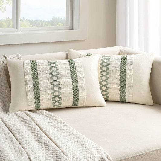 Set of 2 Sage Green Boho Decorative Lumbar Pillow Covers 12X20 Inch Farmhouse Rustic Couch Throw Pillows Modern Summer Cushion Covers Retro Cute Macrame Woven Home Decor for Bed Sofa Chair