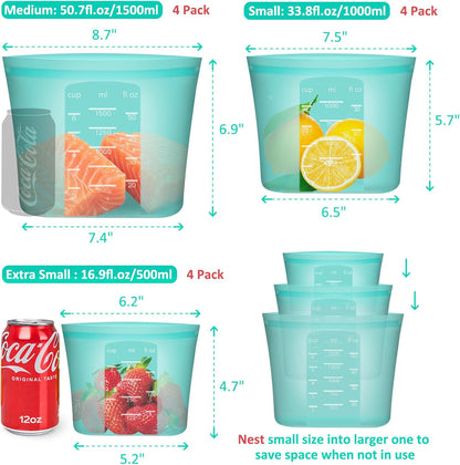 Reusable Food Bags, 12 Pack 100% Silicone Food Storage Bags Stand up Zip Lock Container, Freezer Microwave Oven Dishwasher Safe, 4 Medium 4 Small 4 Extra Small, Aqua