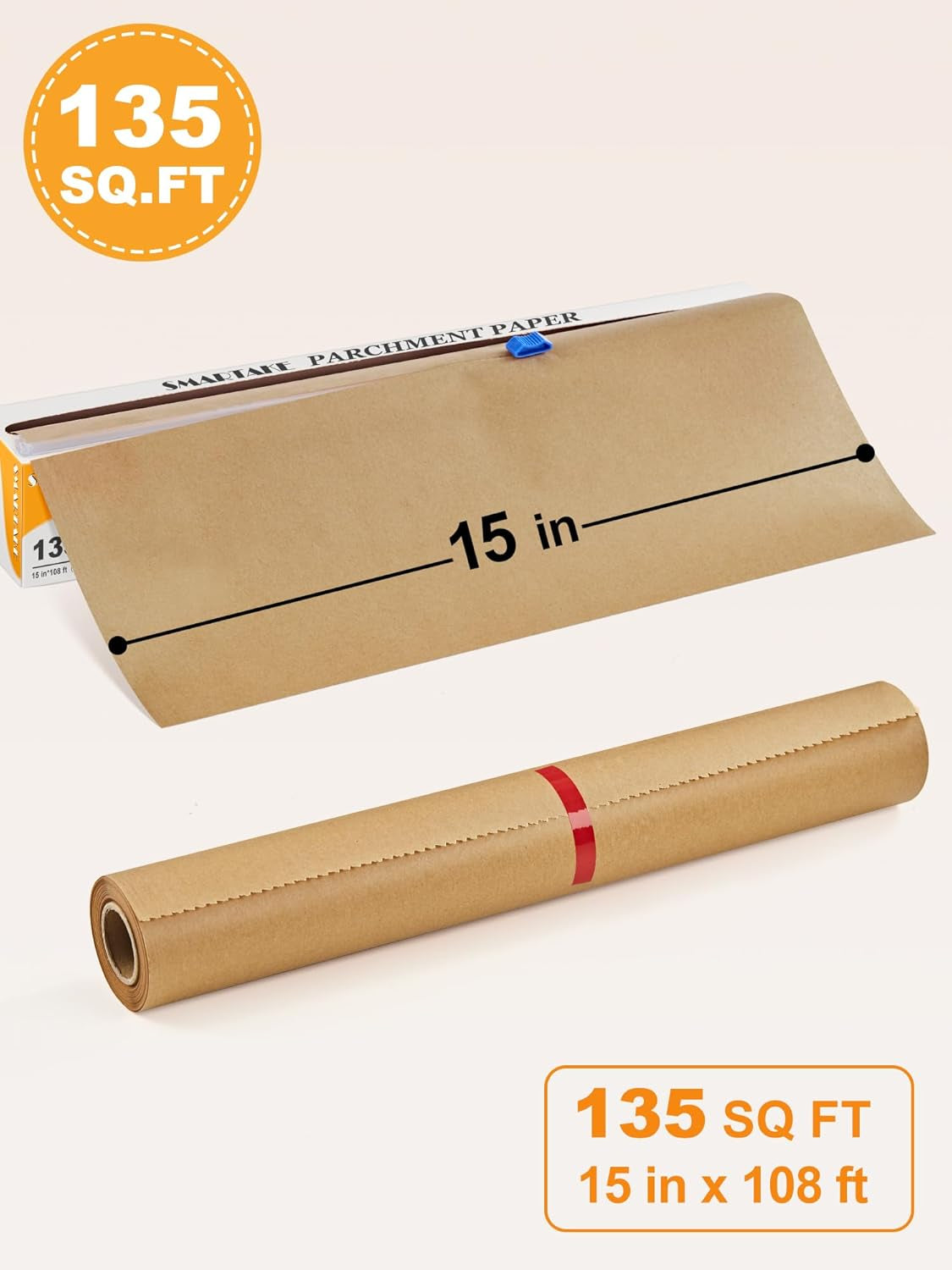 Parchment Paper Roll for Baking, 15 in X 108 Ft, 135 Sq.Ft, Non-Stick Unbleached Parchment Paper, Oven Baking Paper with Slide Cutter, for Kitchen Baking Cooking Grilling Steaming