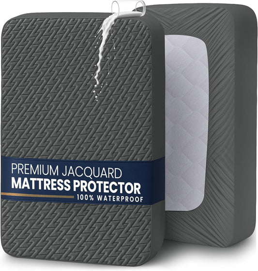 Waterproof Mattress Protector Twin Size (Gray), Premium 3D Air Soft Fabric Mattress Cover, Fits 15 Inches Deep, Breathable, Fitted Style with Stretchable Pockets