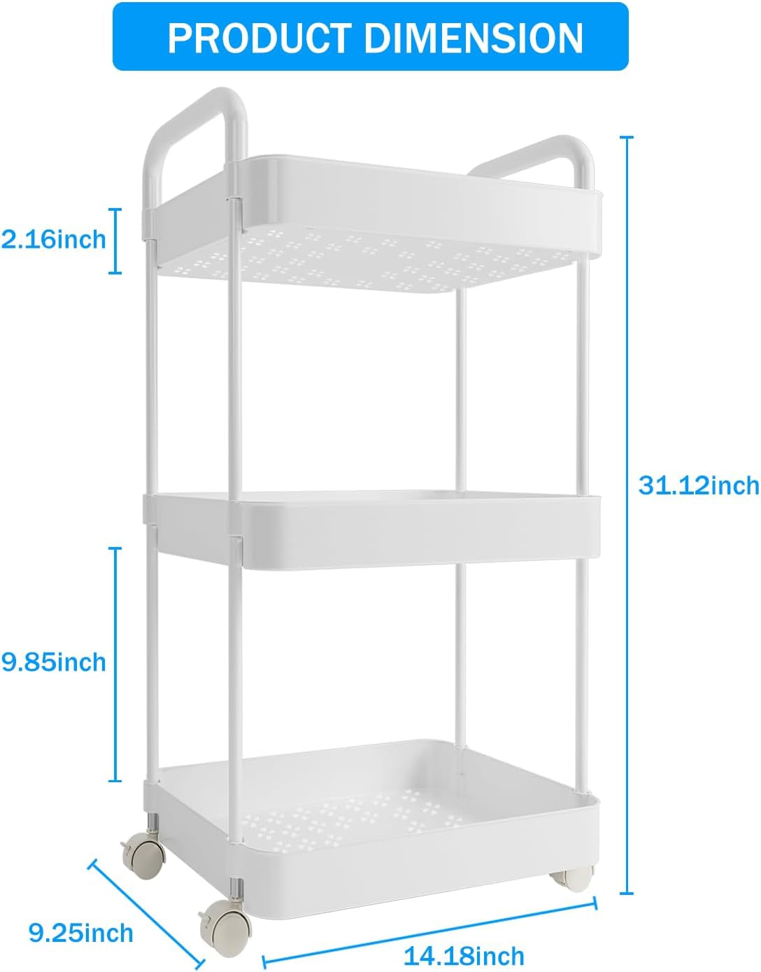 Diaper Caddy Organizer, 3-Tier Movable Diaper Cart with Wheels, Newborn Essentials Must Haves, Diaper Caddy for Wipes & Diapers, Baby Registry Search - Plastic White