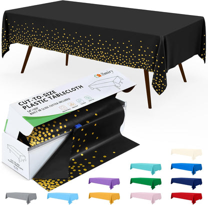 54 Inch X 100 Feet Disposable Table Cover Roll, Black & Gold Plastic Table Cloth in Cut-To-Size Box with Slide Cutter, Waterproof Rectangle Tablecloths for Weddings, Banquets, Outdoor