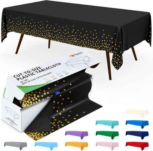 54 Inch X 100 Feet Disposable Table Cover Roll, Black & Gold Plastic Table Cloth in Cut-To-Size Box with Slide Cutter, Waterproof Rectangle Tablecloths for Weddings, Banquets, Outdoor