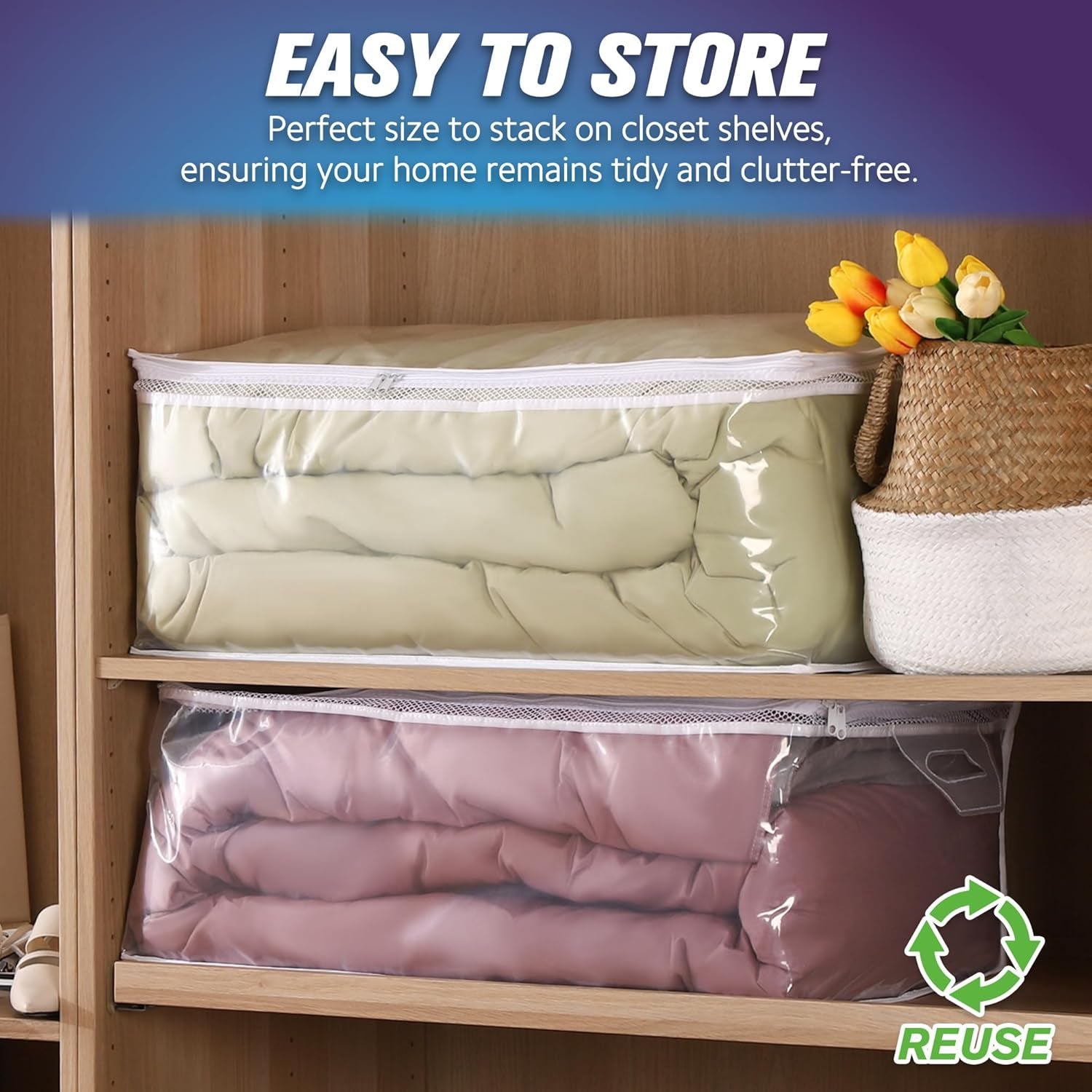 20 Gallon Large Storage Bag for Clothes, Zipper Clothing Storage Bag, Clear Organizer with Reinforced Handles, for Comforters Blankets Pillows Bedding (1 Pack)