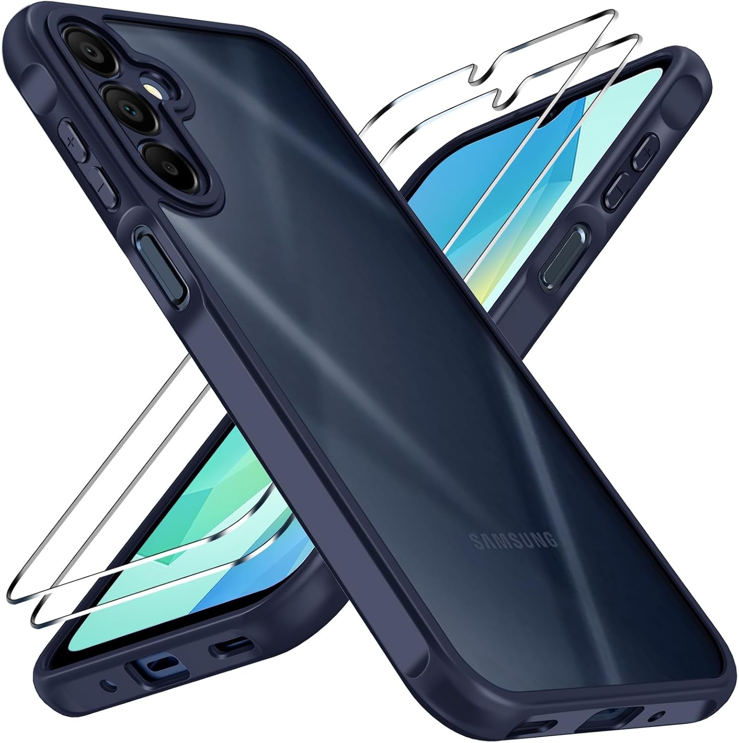 3-In-1 Case for Samsung Galaxy A16 5G with 2 Pack Tempered Glass Screen Protector, [Military Grade Protection] Matte Thin Slim Phone Bumper Cover Hard Back [Anti-Scratch] [Non-Yellowing]-Blue