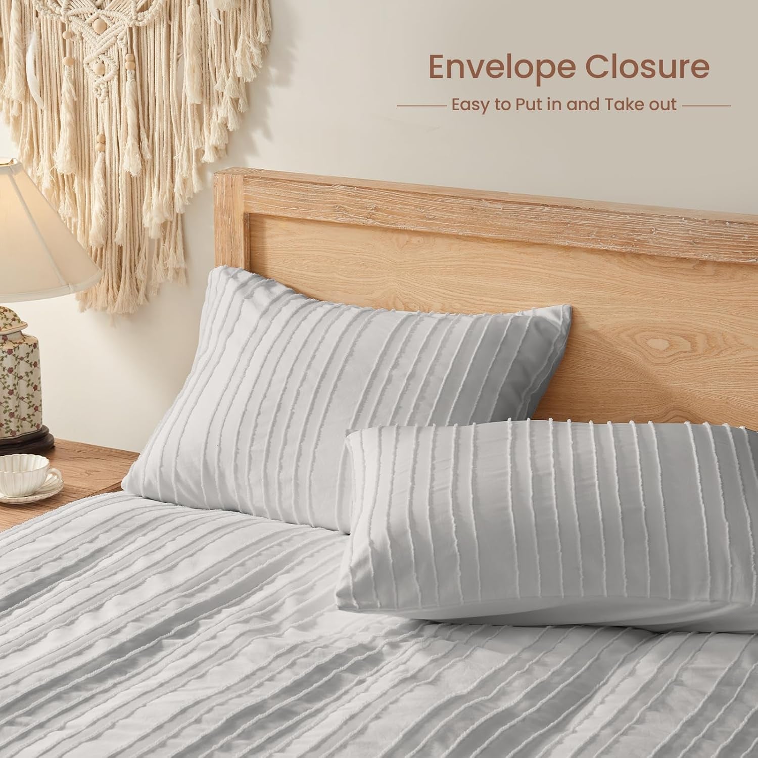 Light Grey Duvet Cover King Size - Striped Tufted King Duvet Cover Set with Zipper Closure, 3Pcs Soft Microfiber Boho Bedding Set for All Seasons (King, 104"X90")
