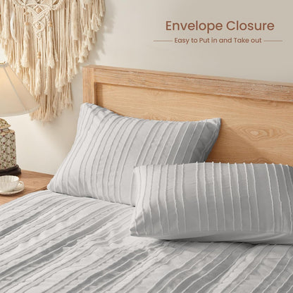 Light Grey Duvet Cover King Size - Striped Tufted King Duvet Cover Set with Zipper Closure, 3Pcs Soft Microfiber Boho Bedding Set for All Seasons (King, 104"X90")