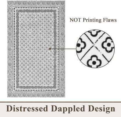 2X3 Washable Rug Non Slip, Soft Low Pile Front Door Mat Indoor Entrance, Black and White Area Rug Moroccan Indoor Door Mats for Entryway Bedroom Kitchen