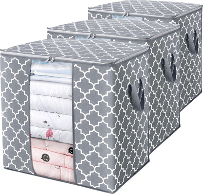 Storage Bags [3 Pack/100L] Large Blanket Clothes Organization and Storage Containers for Comforters,Bedding, Foldable Organizer with Reinforced Handle, Clear Window, Sturdy Zippers,Light Gray