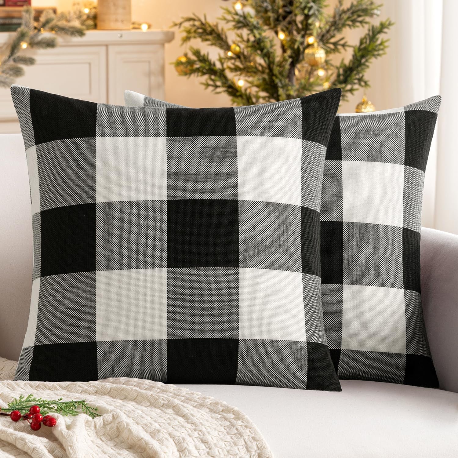 Halloween Pack of 2 Farmhouse Buffalo Check Plaids Linen Throw Pillow Covers Soft Soild Decorative Home Decor Outdoor Cushion Case for Sofa Bedroom 18 X 18 Inch, Black and White