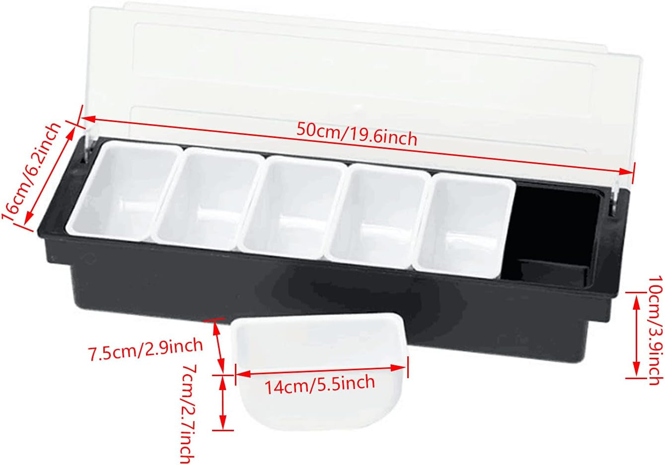 Fruit Veggie Condiment Caddy with Lid, 6 Compartment Plastic Dispenser Tray for Catering Dips Toppings, Serving Taco, Ice Cream, Fruit, & Salad Bar,Garnish Organizer for Restaurant Supplies