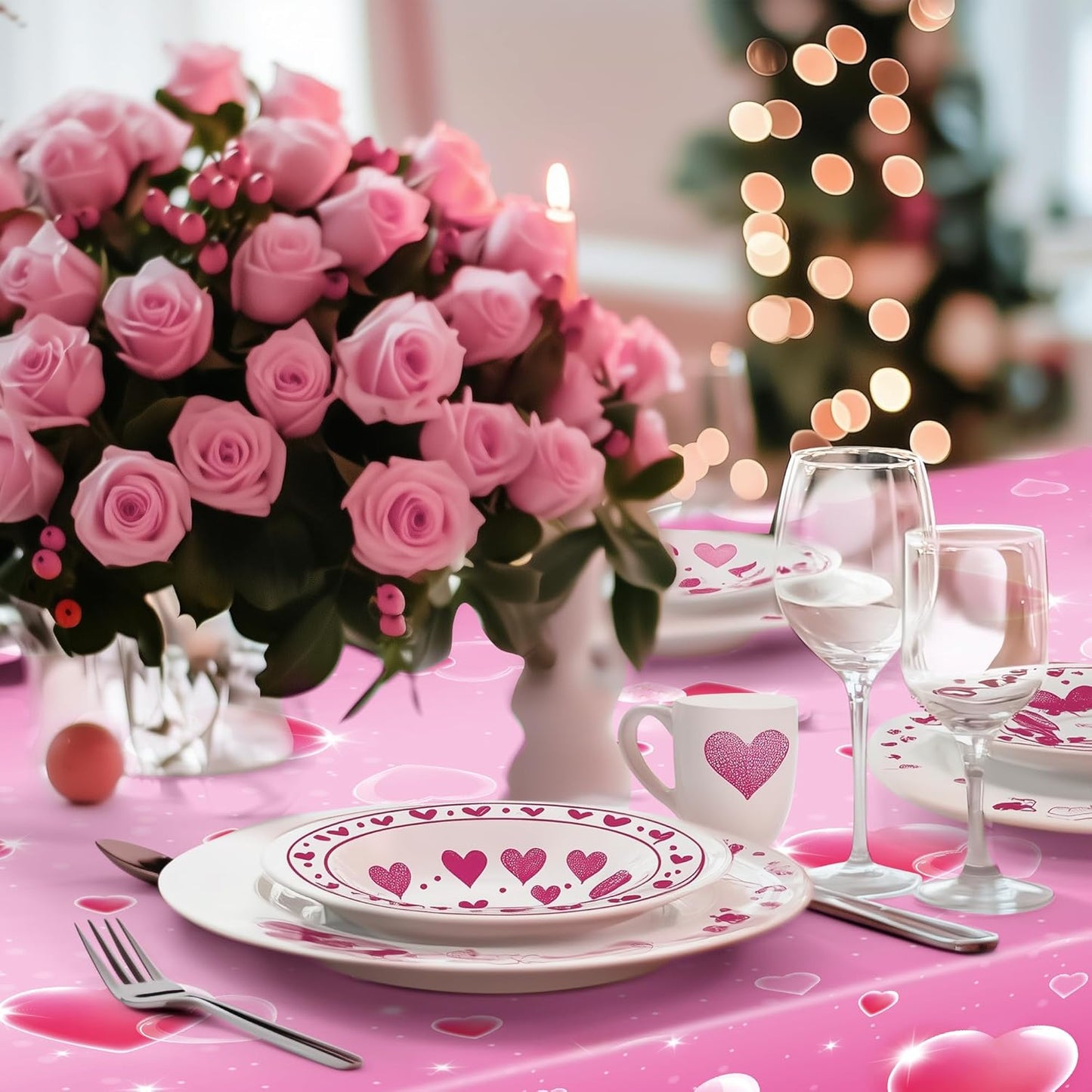 Set of 2 Pink Plastic Tablecloths, 54x108 inches with Dreamy Pink Hearts - Disposable Waterproof Decorations for Galentine's Day, Romantic Weddings, Anniversaries, and Engagements