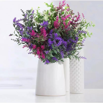 Artificial Plants Outdoor Flowers Spring Decoration, 10 Bundles Fake Plastic Greenery UV Resistant Realistic Faux Lavender Look Real for Home Porch Planter Window Patio (Purple)