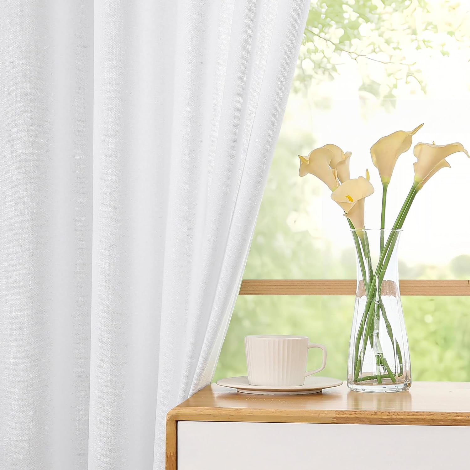 White Short Faux Linen Textured Cafe Kitchen Curtains 36 Inch Length 2 Panels, over Sink Semi Sheer Farmhouse Light Filtering Panels Rod Pocket Drapes for Bathroom Window, 40 X 36 Inch