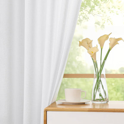 White Short Faux Linen Textured Cafe Kitchen Curtains 36 Inch Length 2 Panels, over Sink Semi Sheer Farmhouse Light Filtering Panels Rod Pocket Drapes for Bathroom Window, 40 X 36 Inch