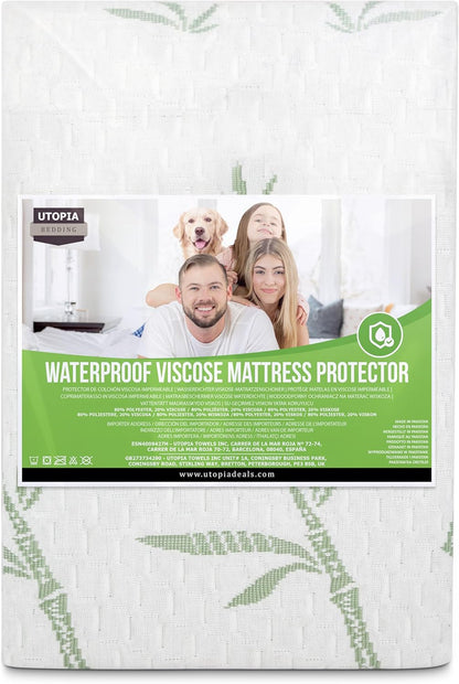 Waterproof Cooling Mattress Protector Queen Size, 200 GSM Viscose Made from Bamboo Mattress Cover, Fits 17 Inches Deep, Fitted Style with Stretchable Pockets