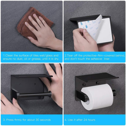 Self Adhesive Toilet Paper Holder with Phone Shelf Stainless Steel Wall Mounted Toilet Paper Roll Holder - Rustproof and Bathroom Washroom Tissue Roll Holder with Shelf - Black