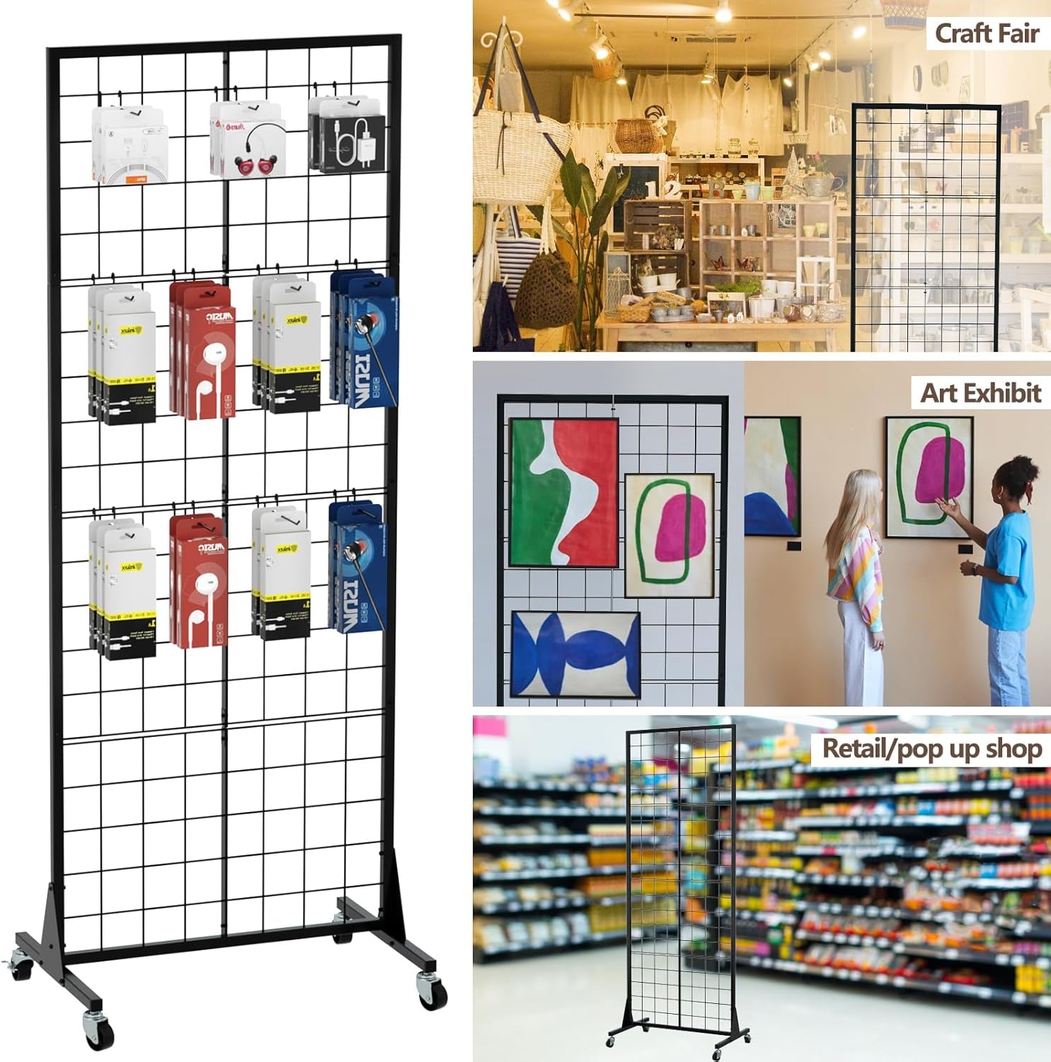 Gridwall Panel Display Stand - Craft Show Display Rack with Extra 24 Hooks, 2' X 5.5' Ft Black Metal Grids Standing Wire Rack for Retail Art Fair - 3 Set