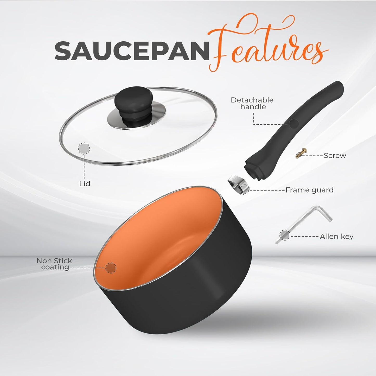 Detachable Handle Nonstick Saucepan with Glass Lid, Multipurpose Use for Home, Kitchen or Restaurant (Copper)