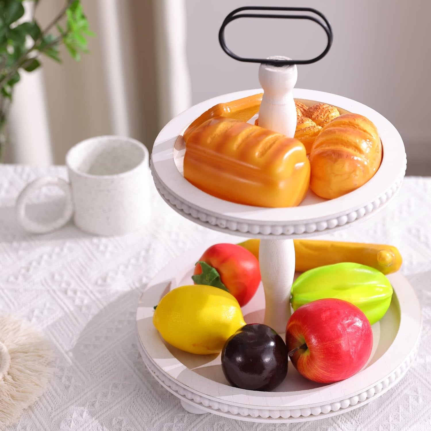 Wooden Decorative Tray Two Tiered Trays Decorations round Serving Tray with Metal Handle, Wooden Cupcake Stand for Party Tiered Dessert Stand - Retro White Farmhouse Wood Tray