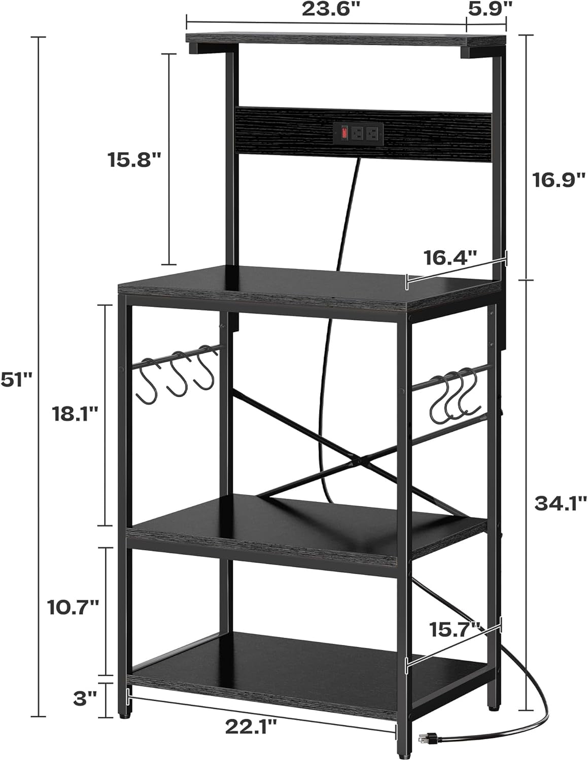Professional Kitchen Bakers Rack with Power Outlet, Multi-Tier Coffee Bar Table, Microwave Stand with S-Shaped Hooks, and Storage Shelf for Spices, Pots, and Pans - Black