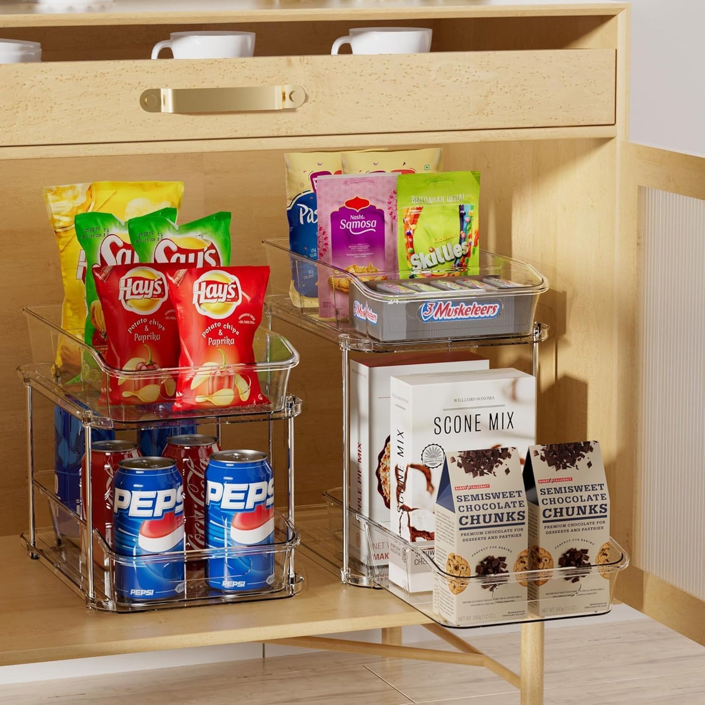 2 Sets of 2-Tier Clear under Sink Organizers and Storage, Multi-Purpose Stackable Bathroom Cabinet Organizers, Pull Out Kitchen Pantry Organization and Storage with Dividers