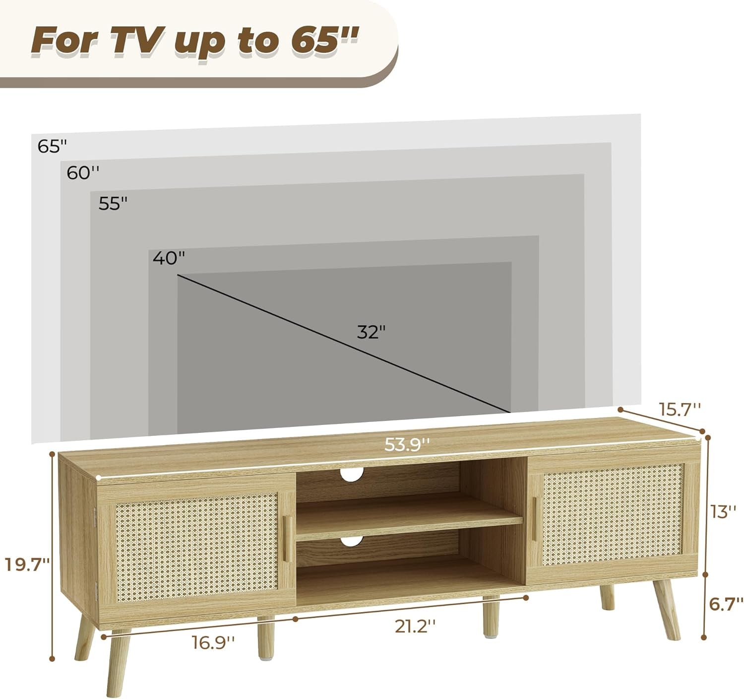 Bohemian-Style TV Stand for 65-Inch TVs, Adjustable Shelf Entertainment Center with Rattan Design, Dual Cabinets, Solid Wood Legs, Media Console with 4 Cord Management Holes - Natural Finish