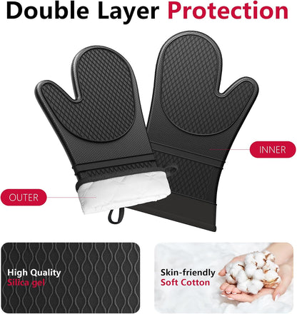 Extra Long Silicone Oven Mitts with Pot Holders with Soft Cotton Lining Non-Slip Textured Grip, Heat and Slip Resistant Oven Mitts with Pot Holders for Baking, Cooking, Black