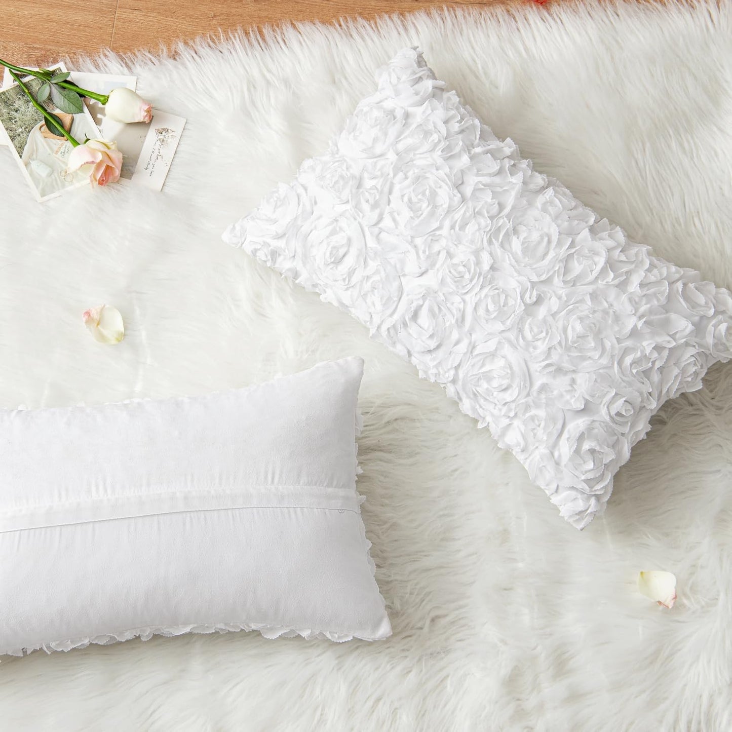 3D Decorative Romantic Valentines Stereo Chiffon Rose Flower Throw Pillow Cover Solid Pillowcase for Girl Women Wedding Sofa Bedroom Car Decor 12X20 Inch 30X50Cm White