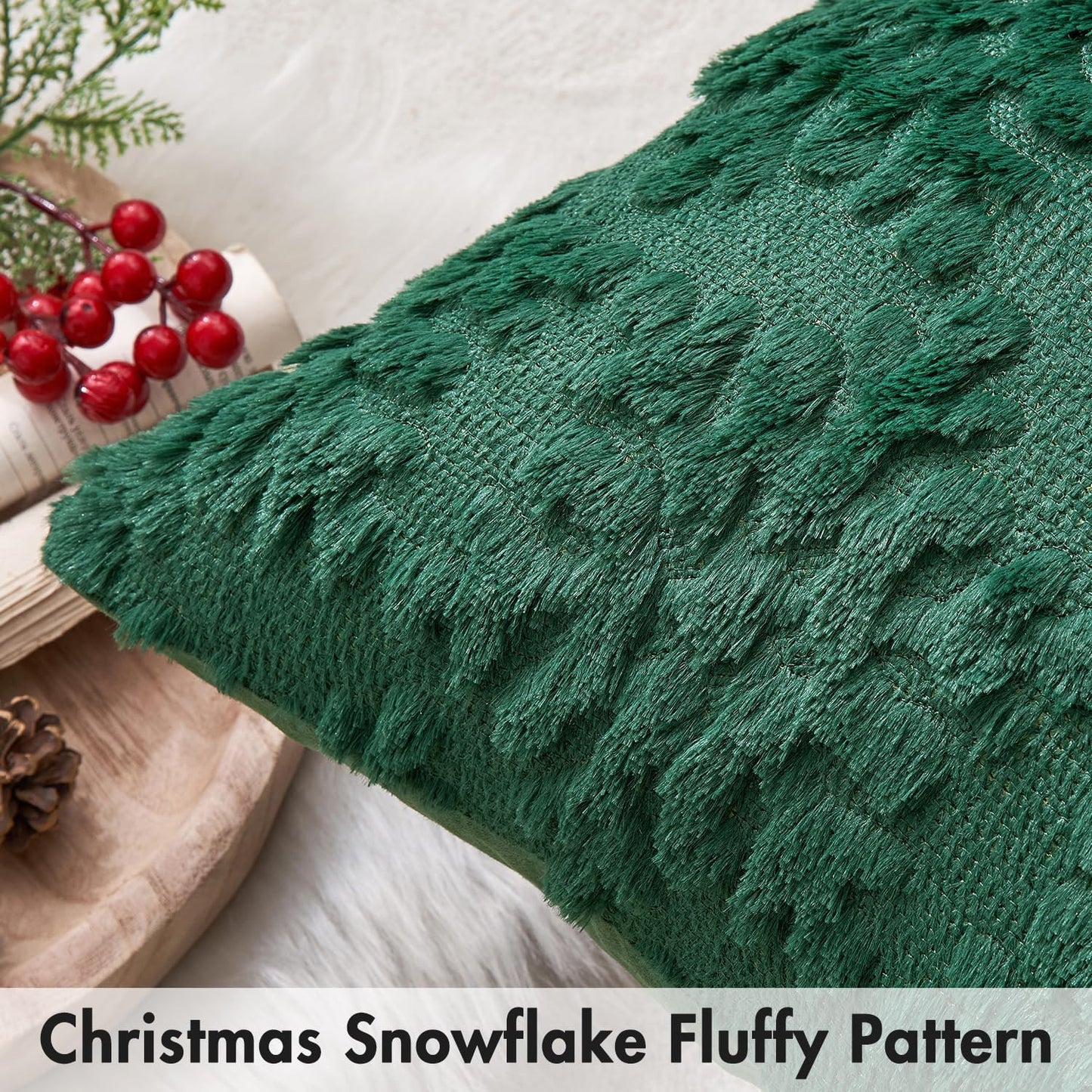 Christmas Dark Green Throw Pillow Covers Snowflakes Decorative 18×18 Inch Faux Wool Winter Festival Couch Pillow Covers Set of 2 Farmhouse Holiday Home Decors for Sofa Livingroom Bed
