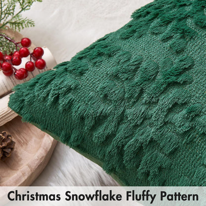 Christmas Dark Green Throw Pillow Covers Snowflakes Decorative 18×18 Inch Faux Wool Winter Festival Couch Pillow Covers Set of 2 Farmhouse Holiday Home Decors for Sofa Livingroom Bed